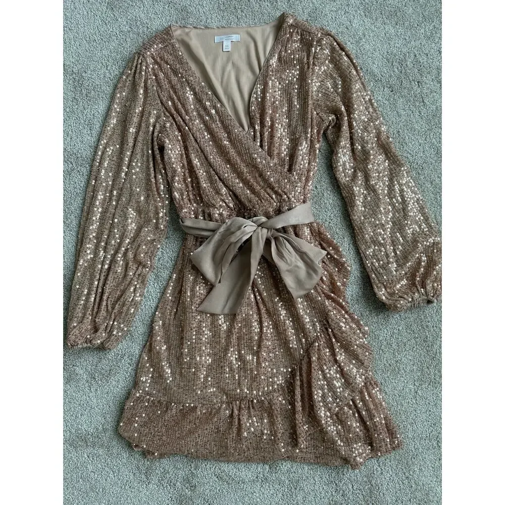 Lauren Conrad Rose Gold Sequin Wrap Mini Dress - XS - Picture 4 of 6